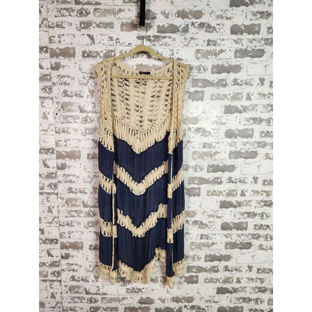 Boho Crochet Open Duster Blue Chevron Sleeveless Size Large Festival Western